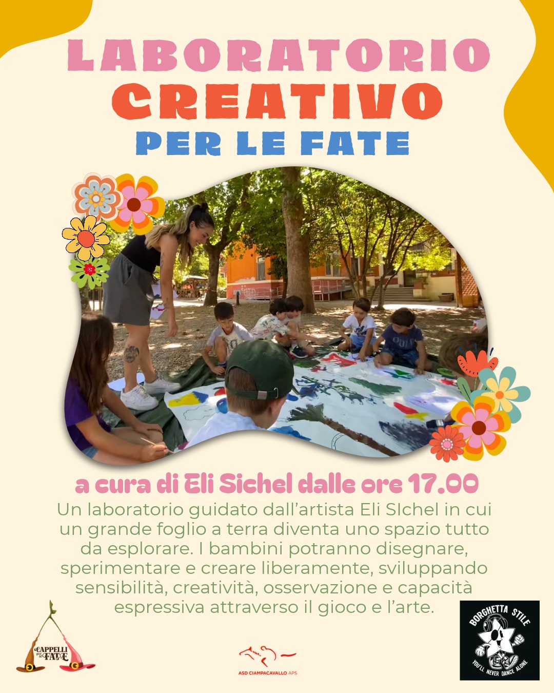 Locandina del laboratorio creativo per le fate a cura di Eli Sichel: bambini che disegnano su un grande foglio steso a terra